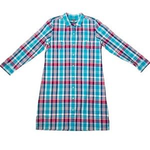 LL Bean Signature Madras Camp Shirt Dress Cotton Blue Size 14